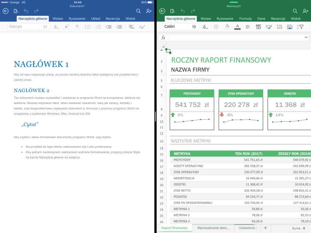 Microsoft Word i Excel w trybie dzielenia ekranu