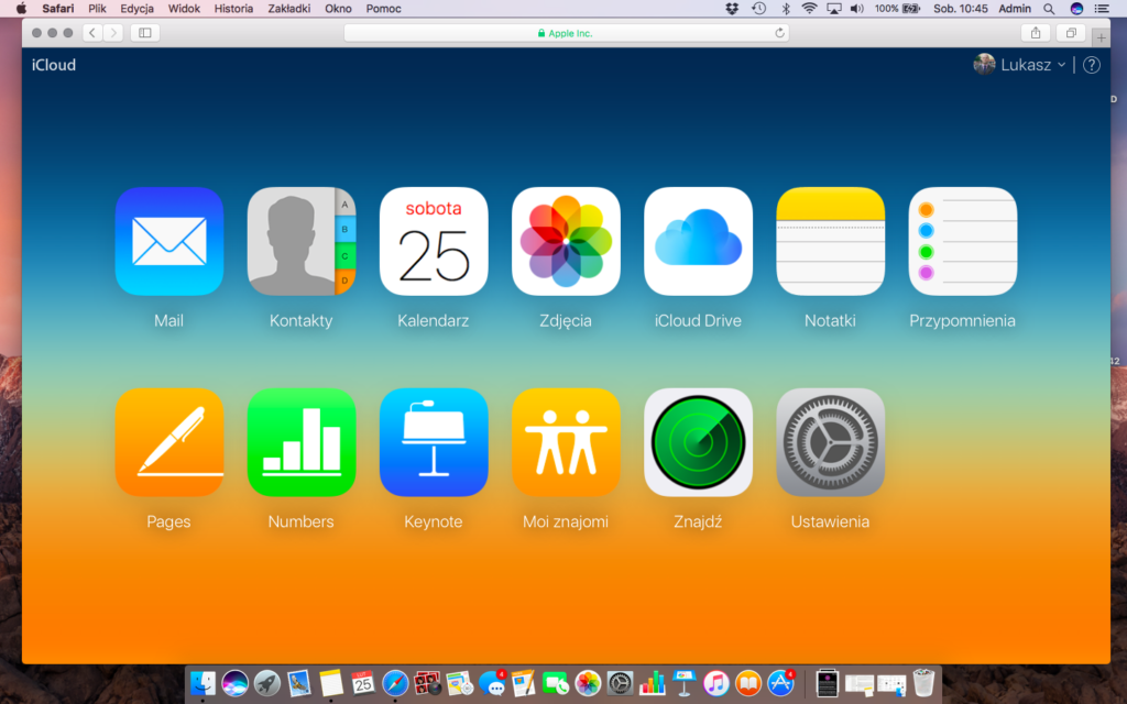 Panel iCloud w przeglądarce Safari 