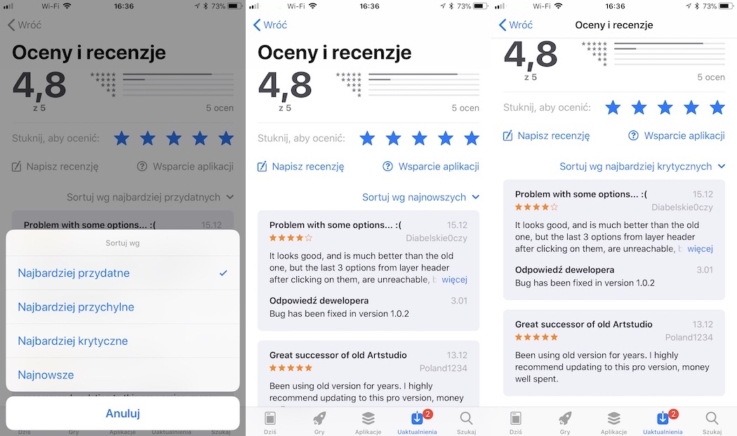Sortowanie recenzji w App Store iOS 11.3 - przykłady