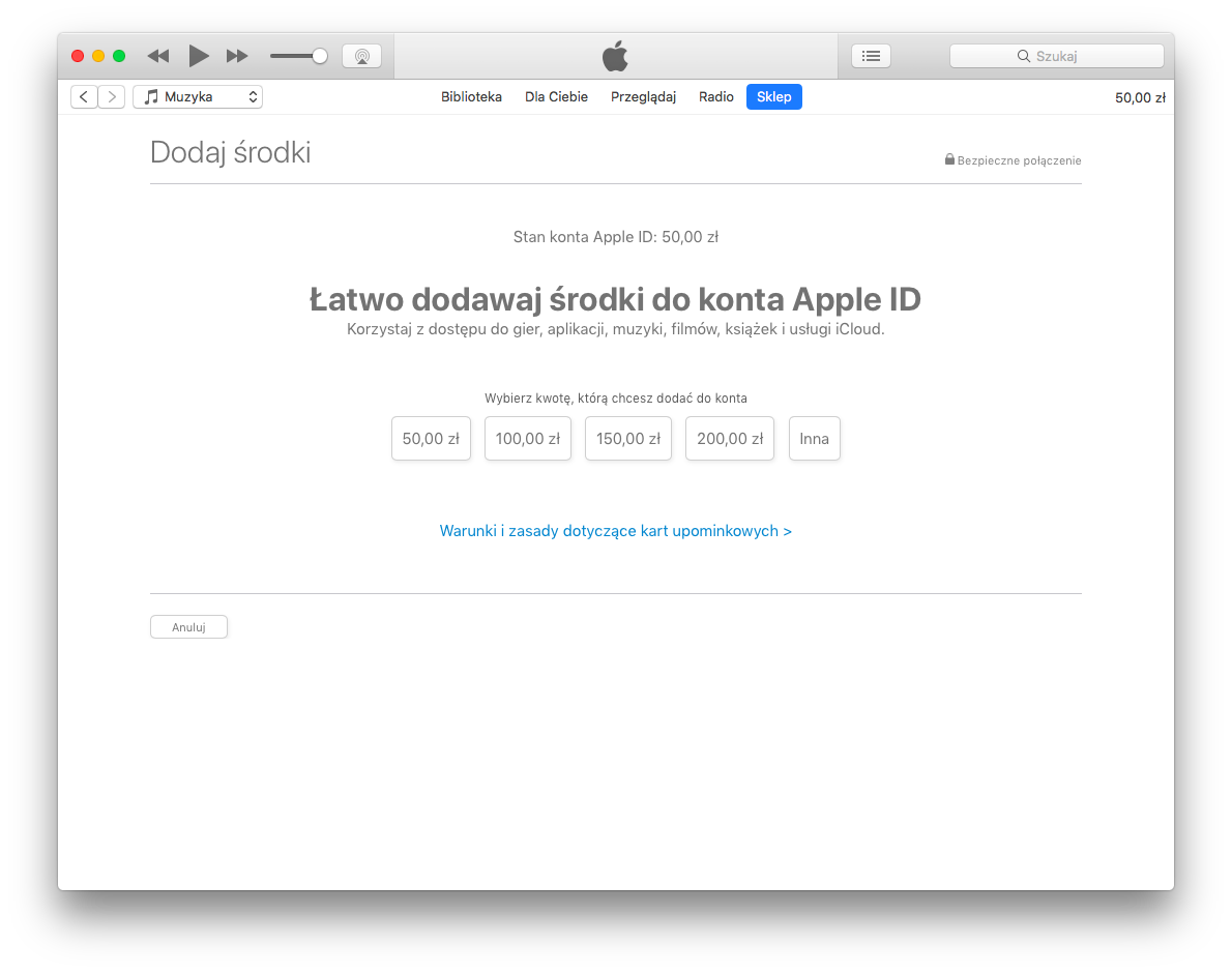 Doładuj własne konto Apple ID macOS iTunes