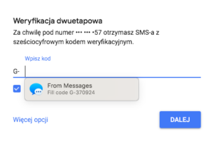 Kod SMS z Google