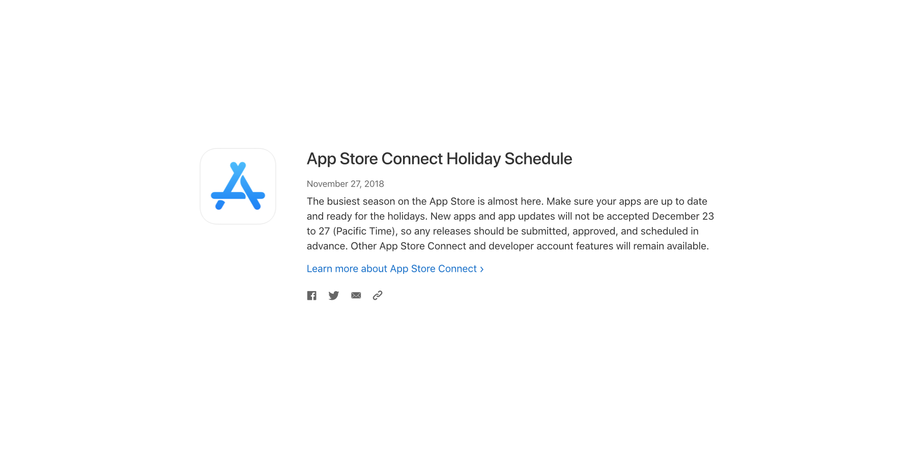 App Store Connect Holiday Schedule