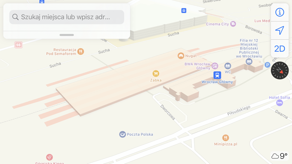 Obiekty 3D na mapach Apple w Polsce Dworzec Główny wraz z peronami