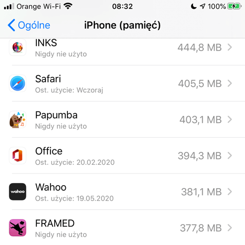 iPhone (pamięć) lista aplikacji