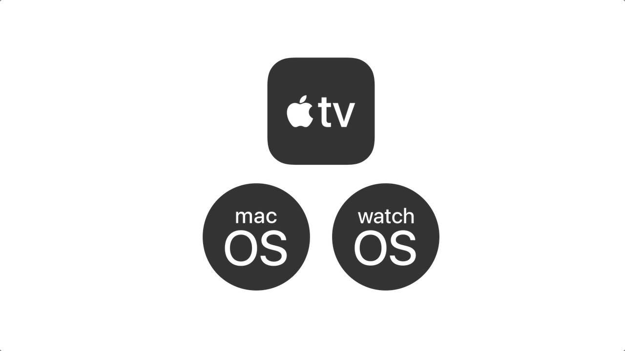 tvOS, watchOS, macOS ikony ułożone w kształcie…