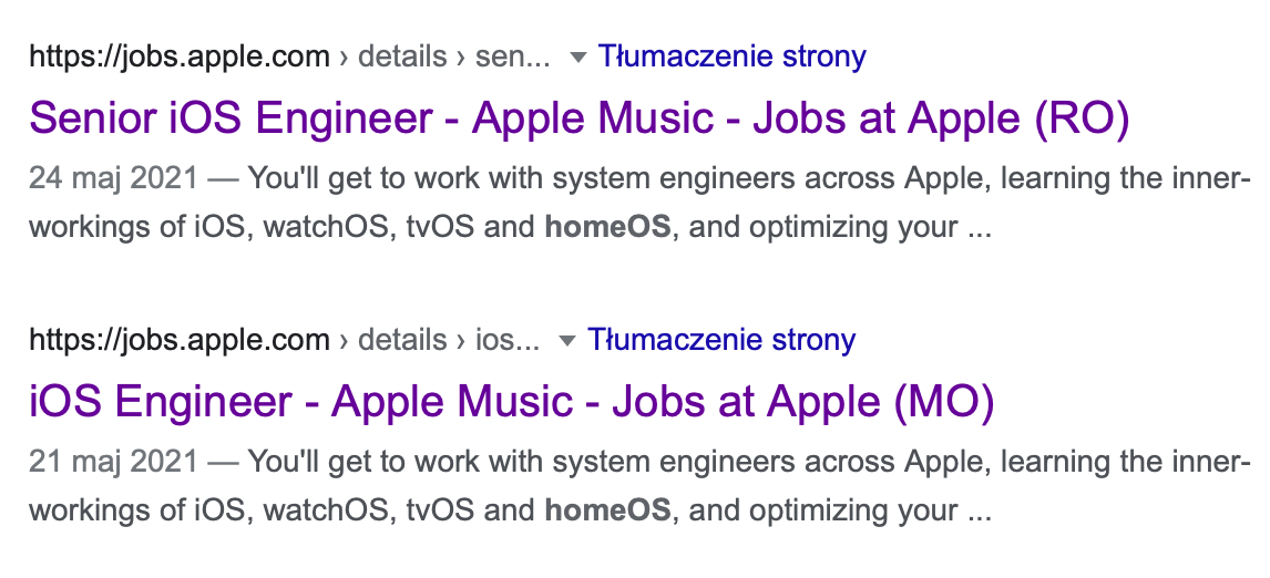 homeOS ogłoszenie o pracę w Apple